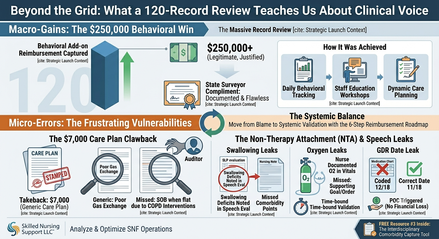 An educational infographic tracking SNF clinical drivers, showing a 120-record audit comparison between a $250,000 behavioral win and a $7,000 care plan clawback.